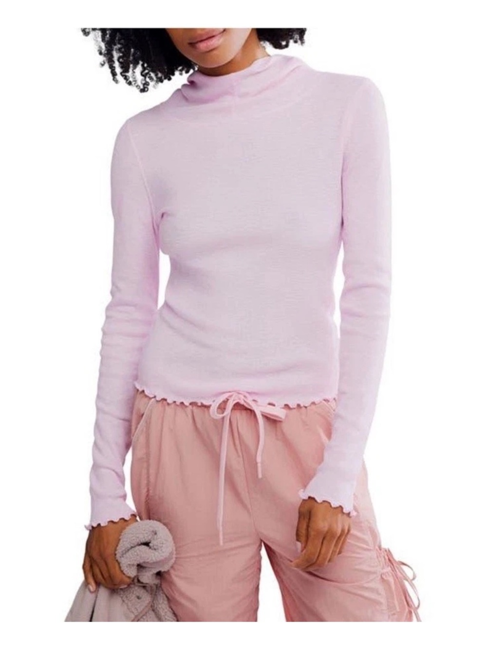 Free People Pale Pink Hooded Ribbed Long Sleeve Sweater